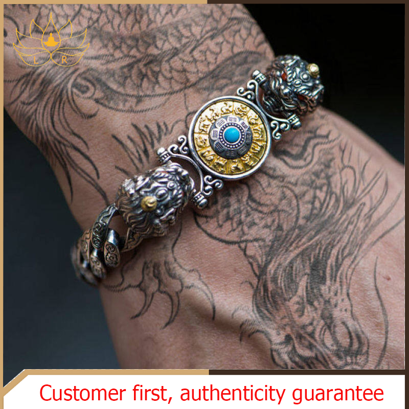 LR-sterling silver s925 rotatable pixiu bracelet and prosperous Gossip about nine palaces, turquoise amulet bracelet, 12 zodiac signs, zodiac pattern, auspicious wear