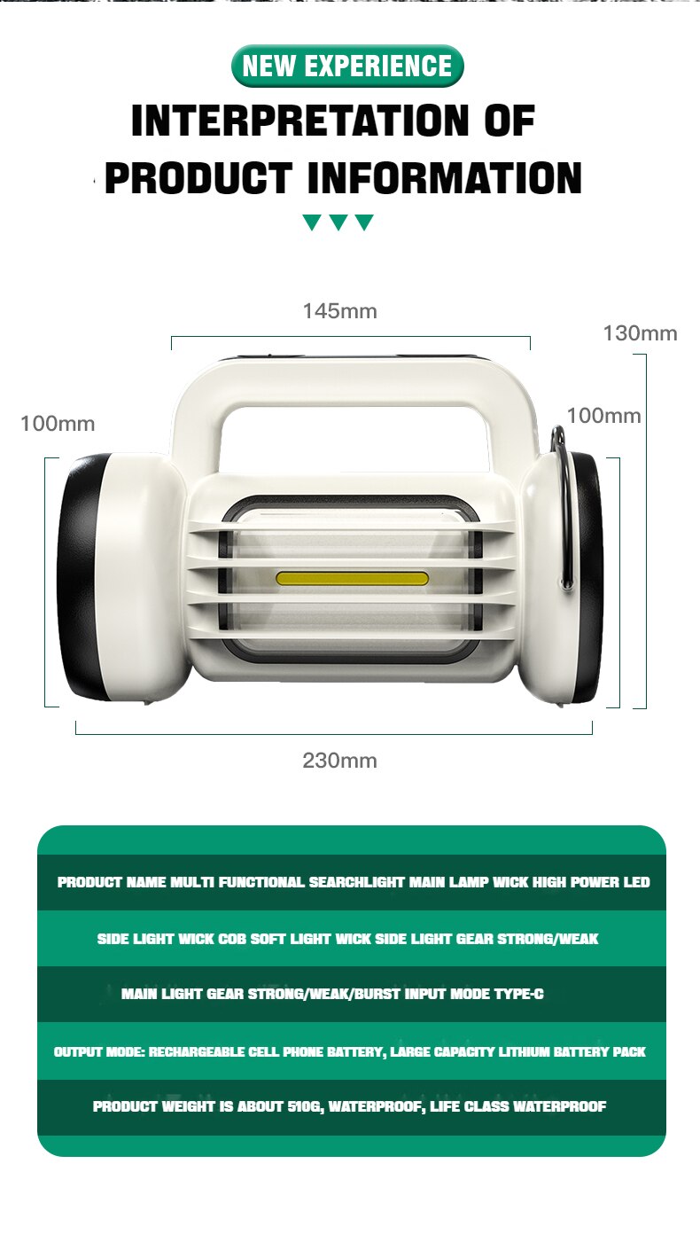 New 200W LED Strong Light Hand Lamp USB Rechargeable Flashlight Portable Searchlight With COB Side Light Power B Flashlight