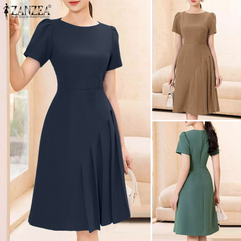 ZANZEA%20Korean%20Style%20Women's%20Dresses%20New%20Fashion%20Puff%20Short%20Sleeve%20Solid%20Back%20Zipper%20Elastic%20Waist%20A-Line%20Dress%20-%20Image%205