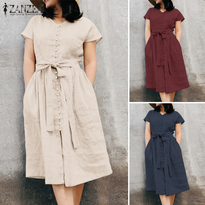 ZANZEA%20Women's%20Dresses%20Vintage%20Casual%20Cotton%20Linen%20Short%20Sleeve%20V-Neck%20Belted%20Plain%20Loose%20Midi%20Dress%20-%20Image%204