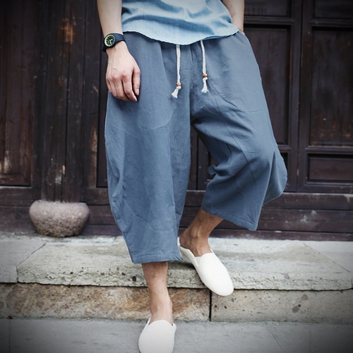 2022 Men Cotton Linen Baggy Wide Leg Pants Men Hanging Crotch Hip Hop Bloomers Pants Men\'S Calf-Length Cross Pants Trousers Pants