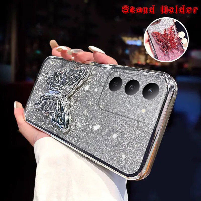 New Phone case Realme C71 C75 C75X Back cover with Cute Butterfly Stand Luxury Slim Gradient Clear Plating Glitter Girls For Realme C75 C75X C71 case.
