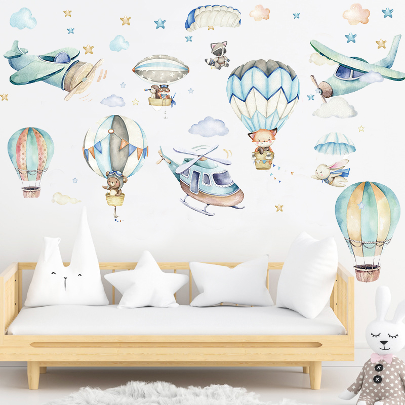 【Folio & Light】Watercolor Cartoon Animals Hot Air Balloon Wall Stickers ...