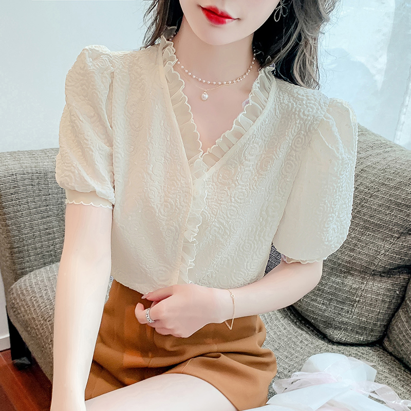 YIGE Lace stitching wrinkled puff sleeves Korean blouse women 2023 new fashion French temperament tunic top