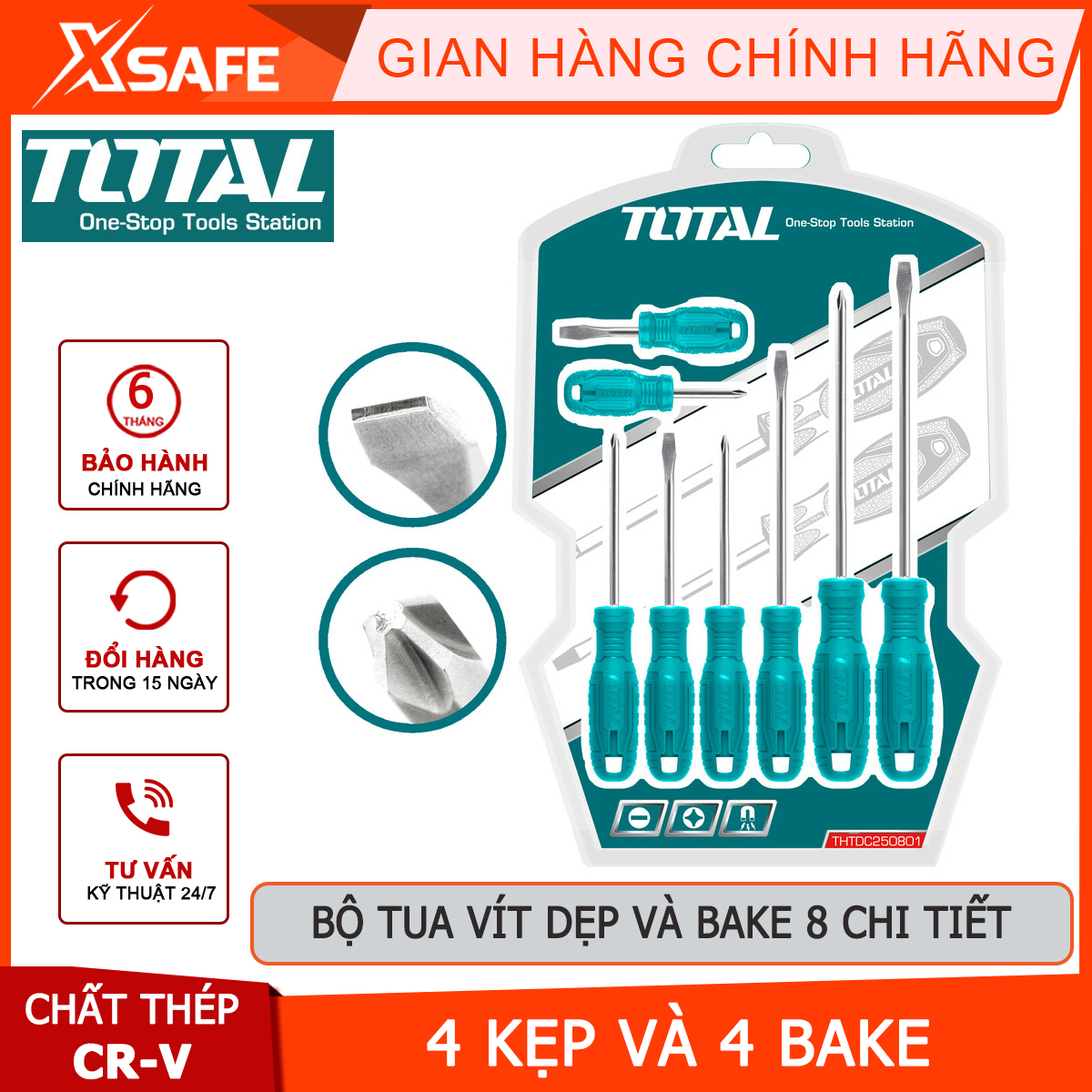 Bộ tuốc nơ vít dẹp và bake 8 chi tiết total thtdc250801 | bộ 8 tua vít 4 dẹp sl3x75 / 5.5x100 / 6.5x100 / 6.5x38mm, 4 bake ph0x75 / ph1x75 / ph2x125 / ph2x38mm dùng để siết chặt hoặc gỡ bỏ ốc vít