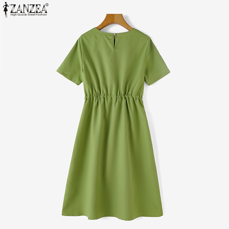 ZANZEA%20Korean%20Style%20Womens%20Casual%20O%20Neck%20Drawstring%20Lace%20Up%20Dress%20Elegant%20Short%20Sleeve%20Solid%20Knee%20Length%20Dresses%20-%20Image%207