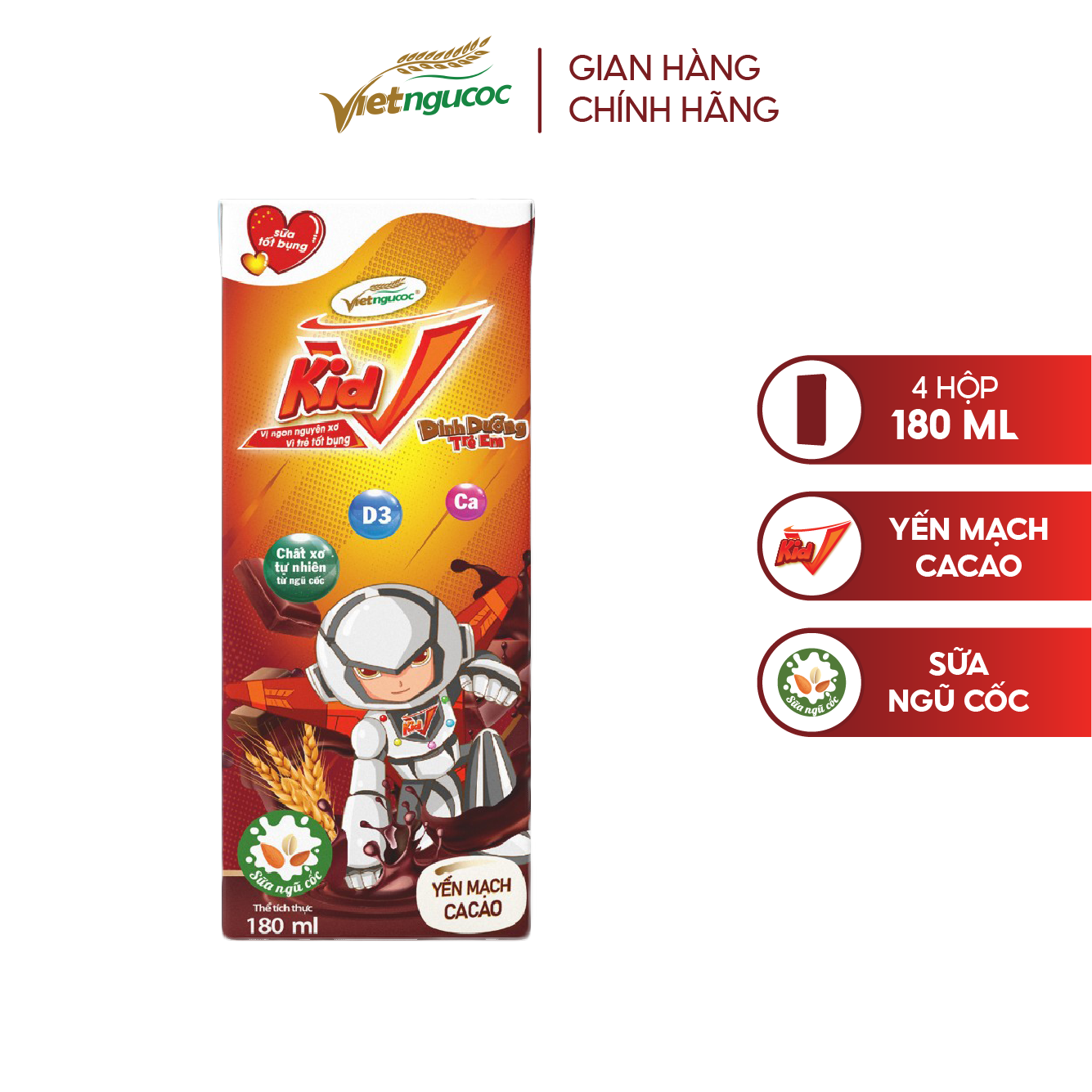 Combo 2 lốc Sữa tốt bụng V-Kid Yến mạch Cacao lốc 4 hộp - 180ml/hộp (Tặng 1 lốc cùng loại)