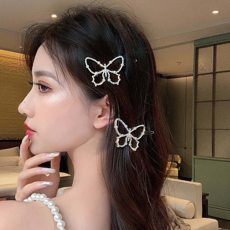 Hair clip, flower pattern, decorated with diamonds, Korean style