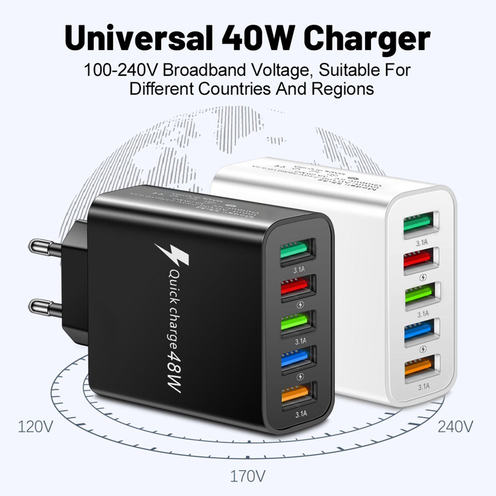 Eguan 48w Usb Charger Five-hole Usb Charger Universal 5-port Usb Wall Charger with Fast Charging for Mobile Phones Eu Plug 48w Lighted Design Ideal