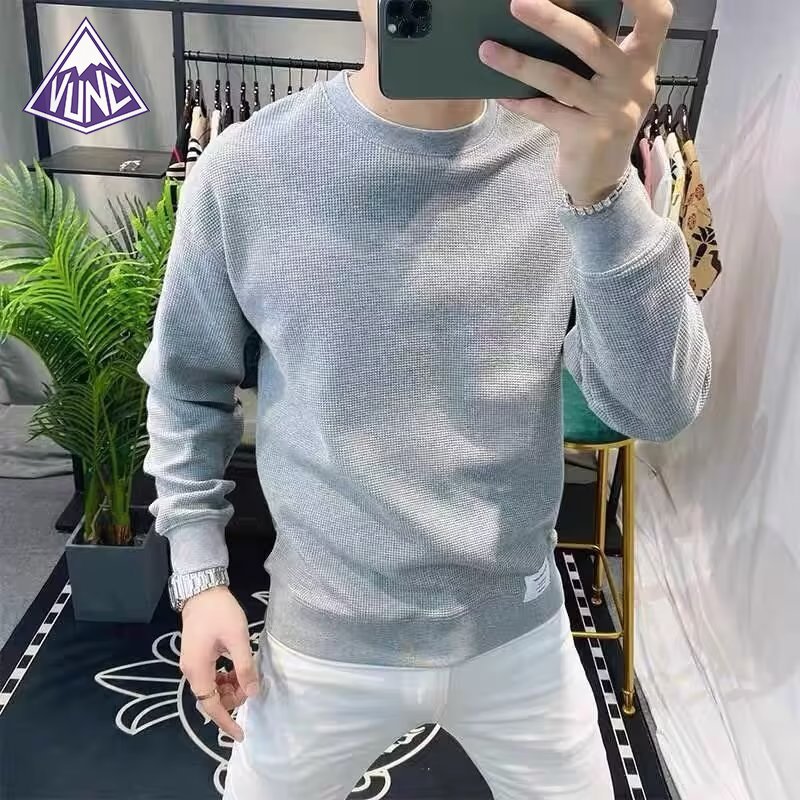 VUNC Men's Solid Color Round Neck Waffle Sweatshirt Long sleeve round neck simple thin base sweatshirt