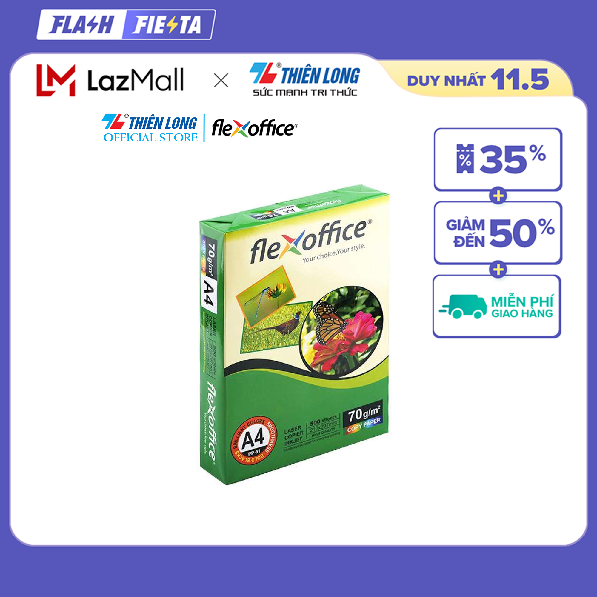 Giấy flexoffice a4/70 pp-01 , chất lượng cao, bề mặt nhẵn tuyệt vời, mau khô mực, thích hợp với nhiều loại máy in, photocopy