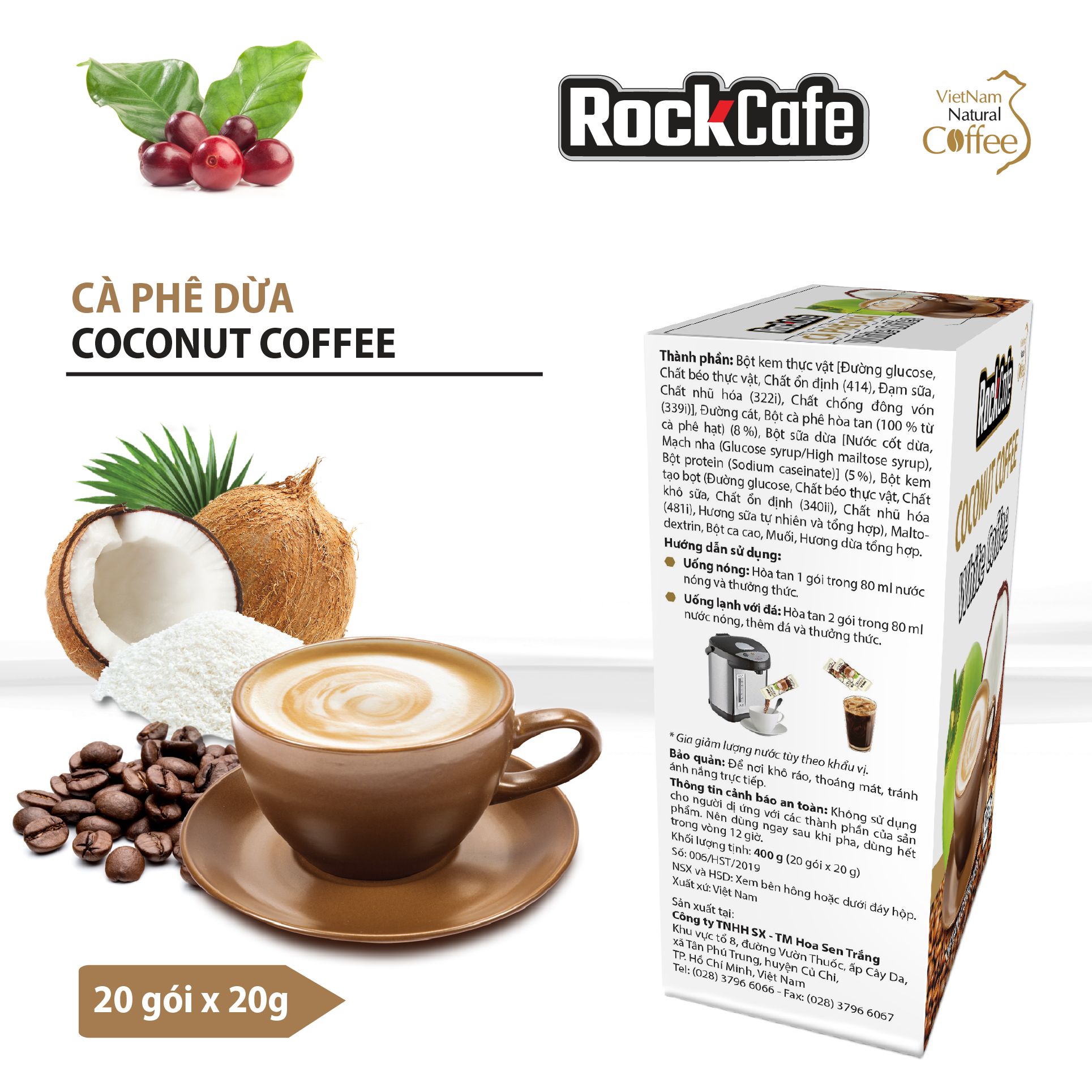 RockCafe - Cà phê hòa tan 3 trong 1 - Vị Dừa độc đáo - Thơm ngon - Tinh khiết - Cafe Việt Nam chuẩn vị - Hộp 20 gói x 20gr