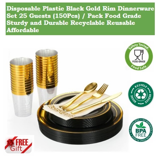 CABANI Disposable Plastic Black GOLD RIM Dinnerware Set [1Box 25Guests
