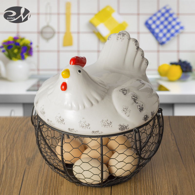 Ceramic egg basket Fruit basket Garlic potato sundries Blue ceramic kitchen decoration Creative hen storage iron woven basket