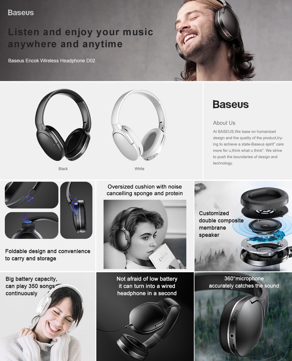 Tai nghe trùm tai không dây cao cấp baseus encok wireless headphone d02 - ảnh sản phẩm 5