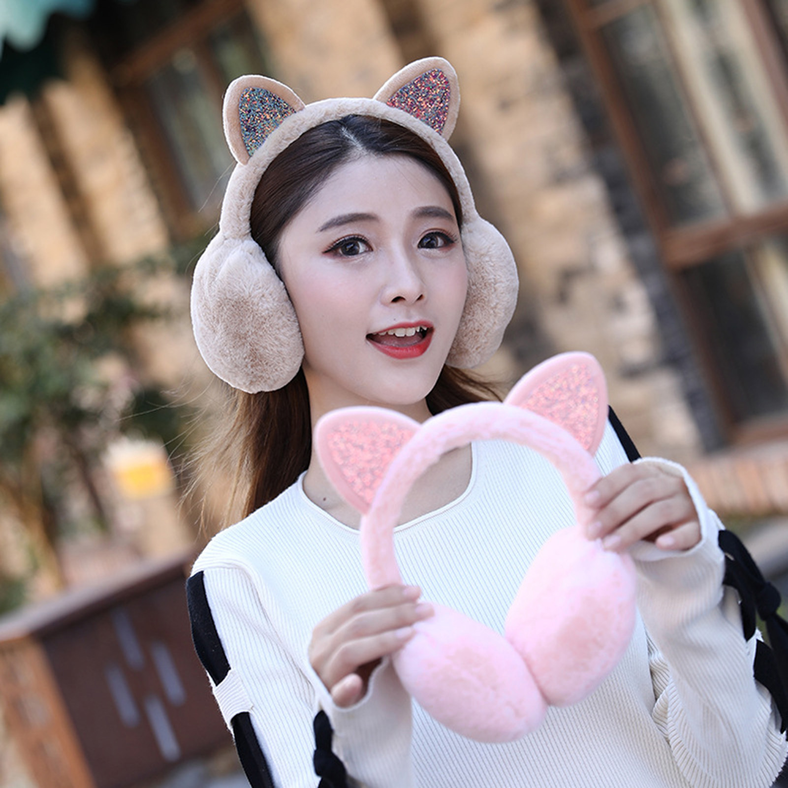 [huahankuang] Ear Muff Sequined Ears Winter Thicken Windproof Ear Warmer for Outdoor