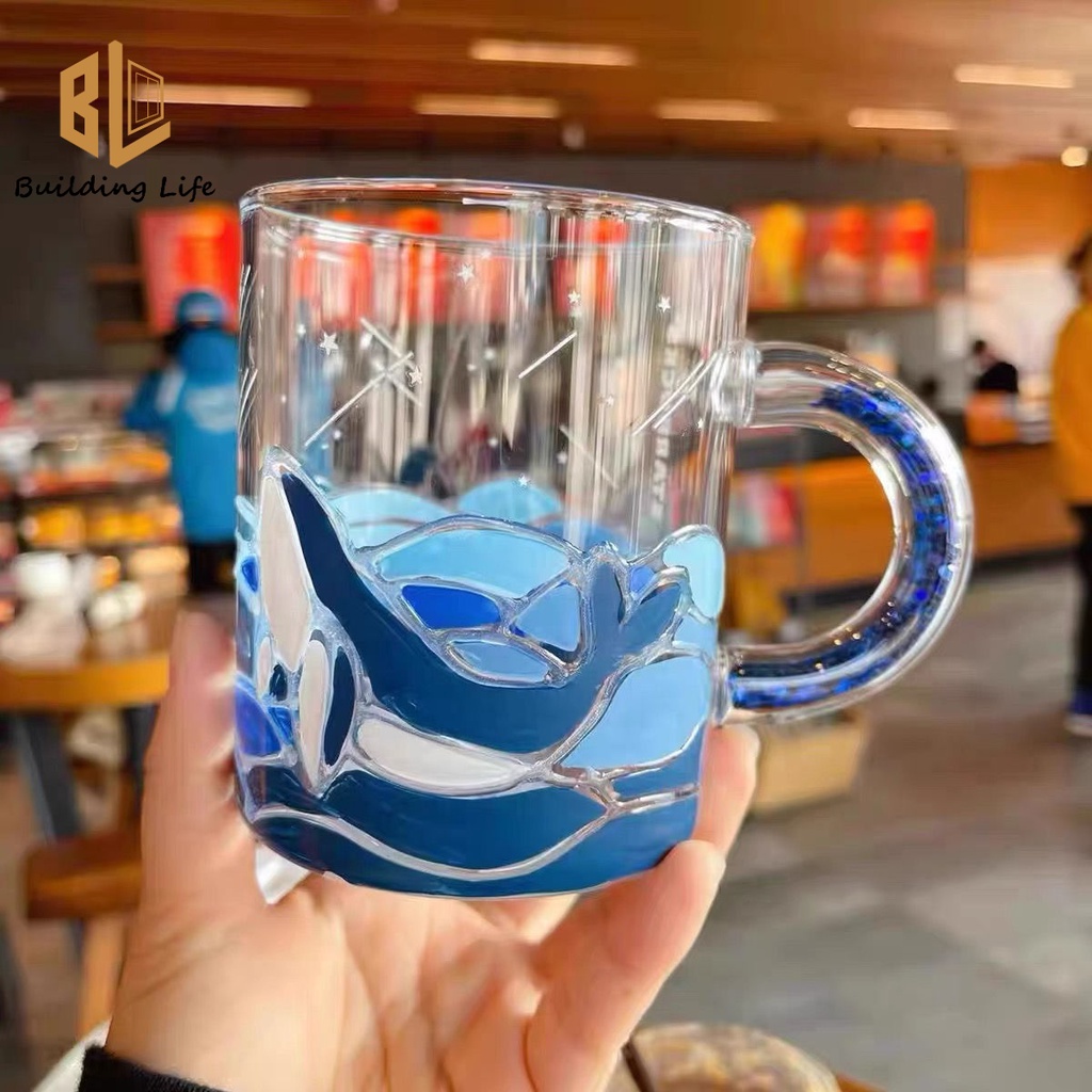 Starbucks Cup Blue Whale Glass Cup Blue Diamond Handle Embossed Mug Colorful Diamond Cup Dolphin Water Cup 355ml