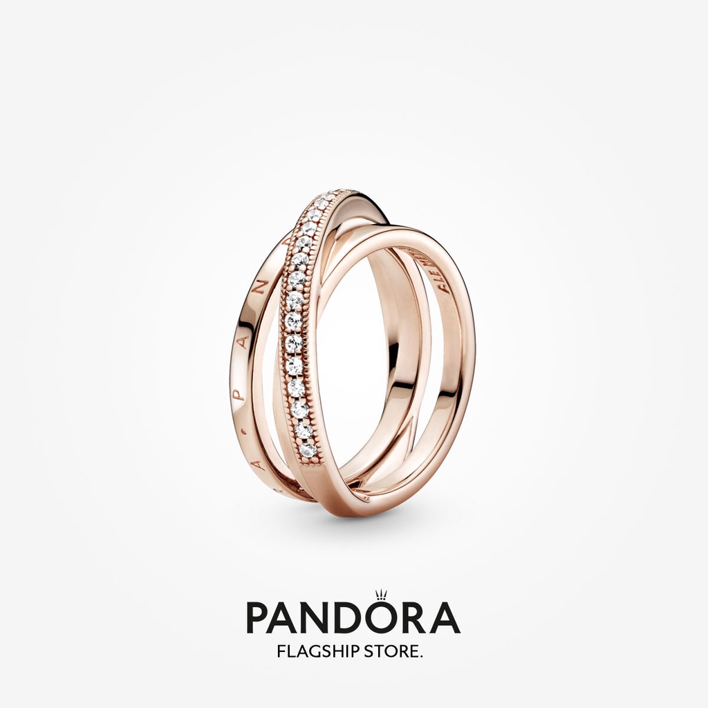 2023 New Original Pandoras 14k Rose Gold Plated Crossover Pavé Triple Band Ring Women Fashion Jewellery