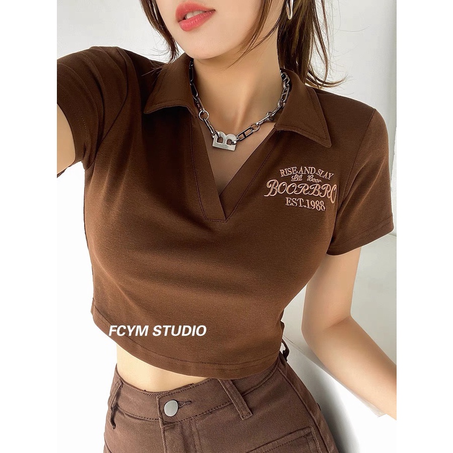 [FREESHIP + VOUCHER] Áo thun croptop cổ polo thêu chữ