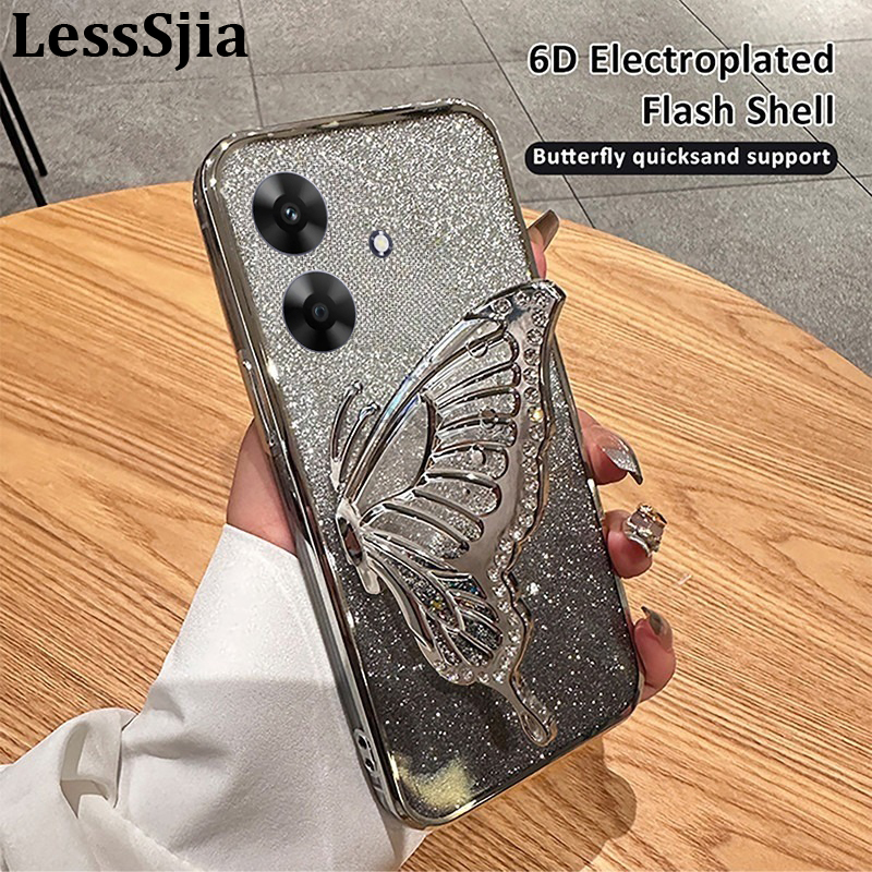 Phone Cover Realme Note 60X Back case Diamonds butterfly holder shiny hourglass of quicksand transparent soft silicone For Realme Note 60X Phone cases