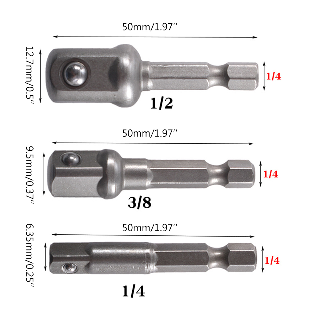 3 Pcs 1/4 3/8 1/2 Bit Drive Socket Adapter 360° Rotatable for Cordless Drill Ratchet Extension Socket Wrench Adapter Set