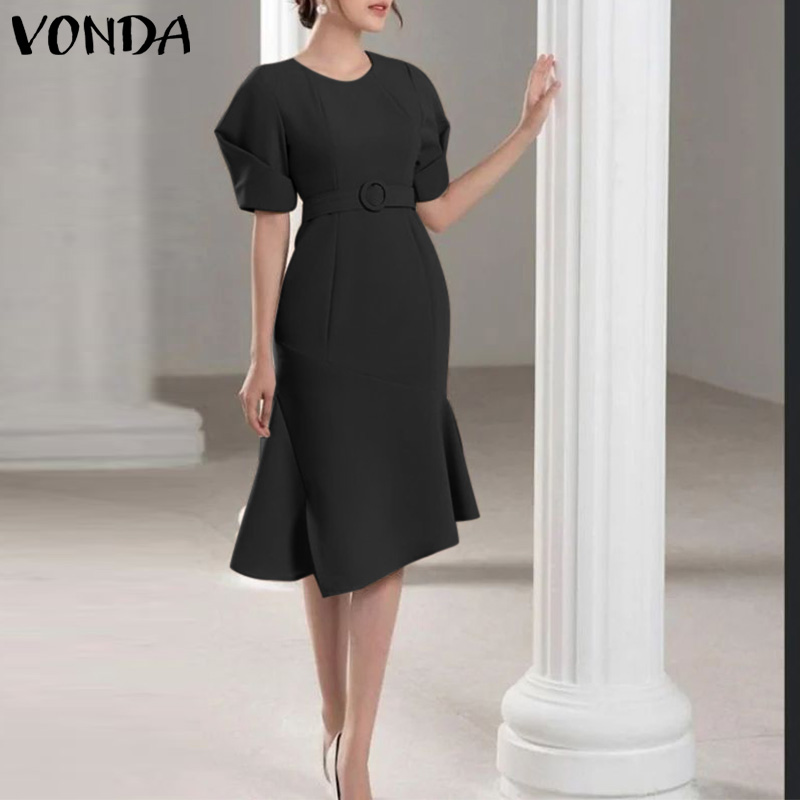 VONDA Women Business Crew Neck Puff Sleeves Midi Dresses