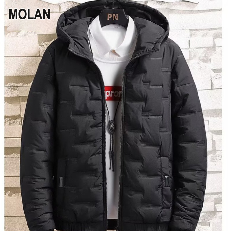 MOLAN Người Đàn Ông Của Màu Đen Trùm Mũ Trùm Áo khoác giữ ấm Dày màu trơn Dây Kéo Áo Khoác Bông Giản Dị