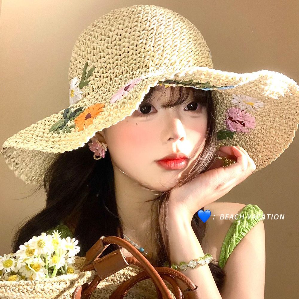 Casual%20Colorful%20Flower%20Straw%20Hat%20Boho%20Wide%20Brim%20Women's%20Sun%20Hats%20Lightweight%20Foldable%20Weave%20Hat%20Travel%20-%20Image%204