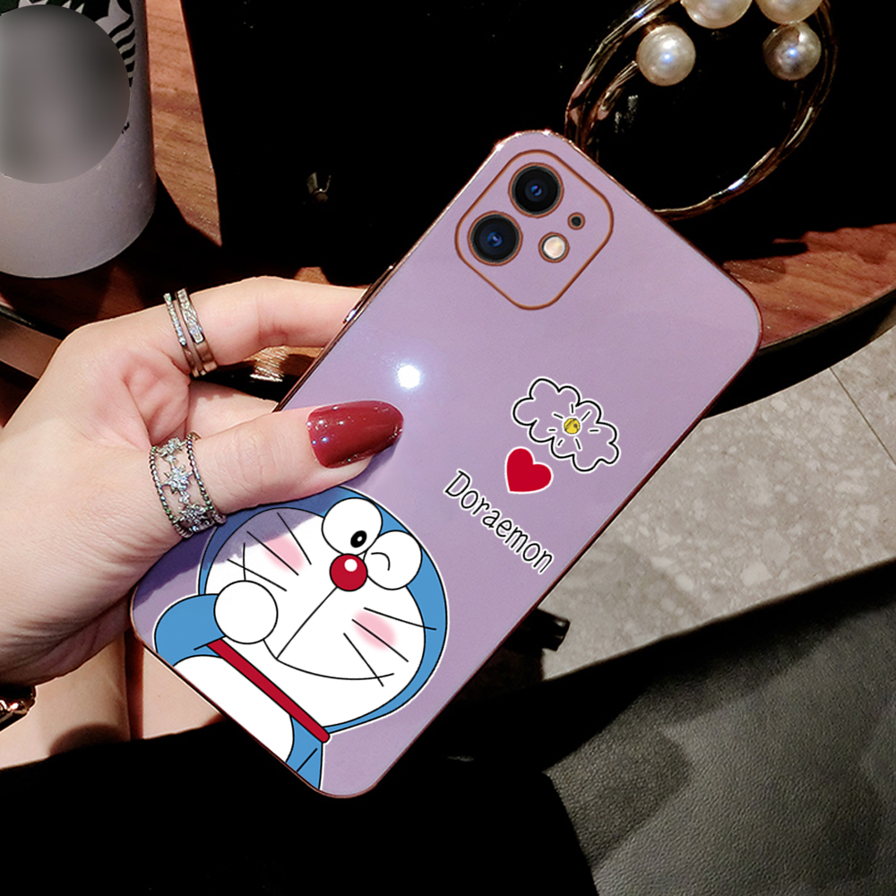 (Free Lanyard) For Realme 12 Pro Plus 5G C65 Realme Note 60 Back Cover Cute Cartoon Doraemon Square Edge Pattern Cover Luxury Plating Soft Phone Case.