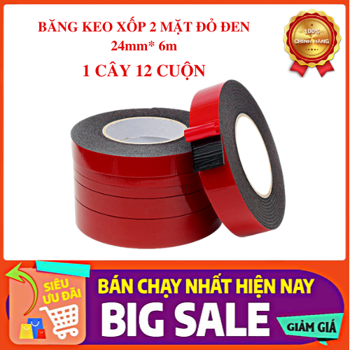 BĂNG KEO XỐP 2 MẶT ĐỎ ĐEN 1 cây (10 cuộn) 24mm* 6m