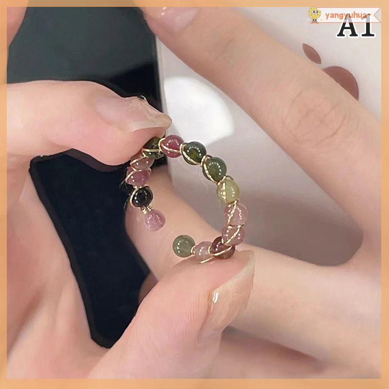 Yangyuhua 1pc Rainbow Tourmaline Ring Fashion Retro Handmade Metal Wire Winding Beaded Open Ring Female Jewelry