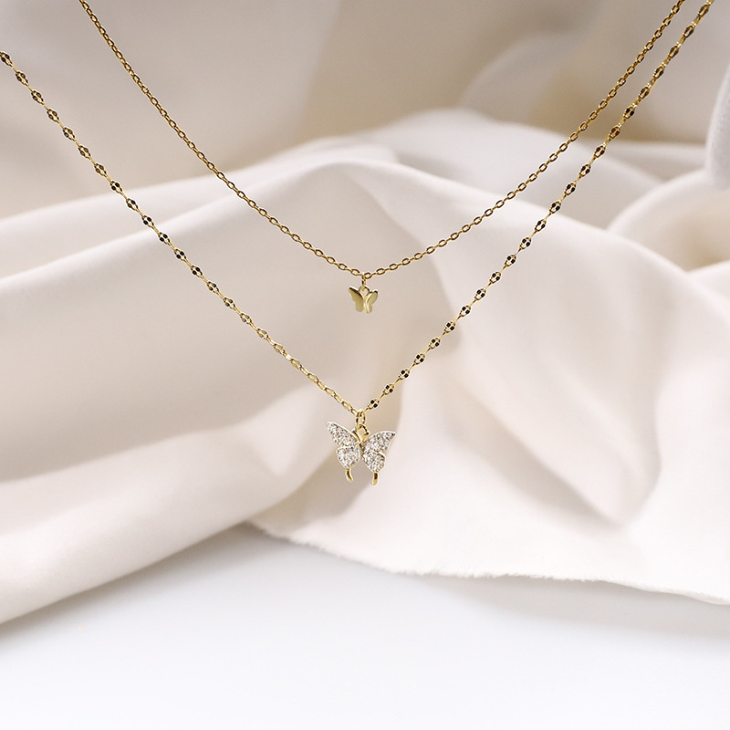 S925 Double Layer  Clavicalis Chain Butterfly Pendant