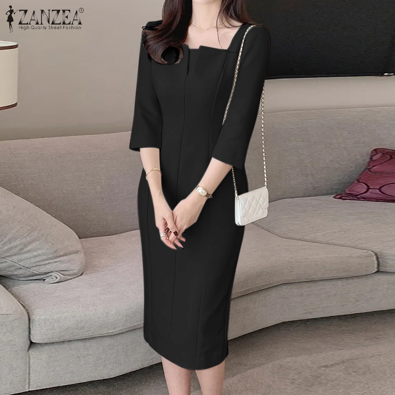 ZANZEA%20Korean%20Style%20Women's%20Dresses%20Elegant%20V-Neck%203/4%20Sleeve%20Plain%20Party%20Prom%20Midi%20Sundress%20-%20Image%206