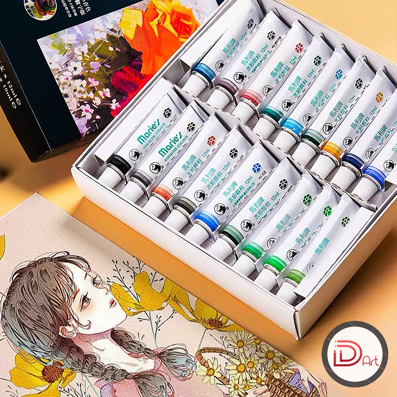 Bộ Màu Gouache MARIE's 12/18/24/36 Màu (Hộp Giấy 12ml)