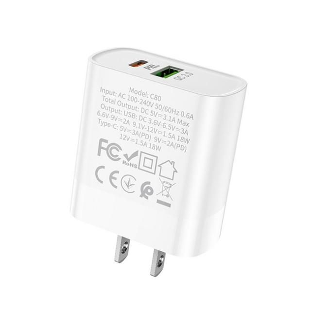 Củ sạc nhanh HOCO C80 2 cổng ( USB + TypeC ) PD 18W, sạc nhanh 3.1A, Qualcomm 3.0