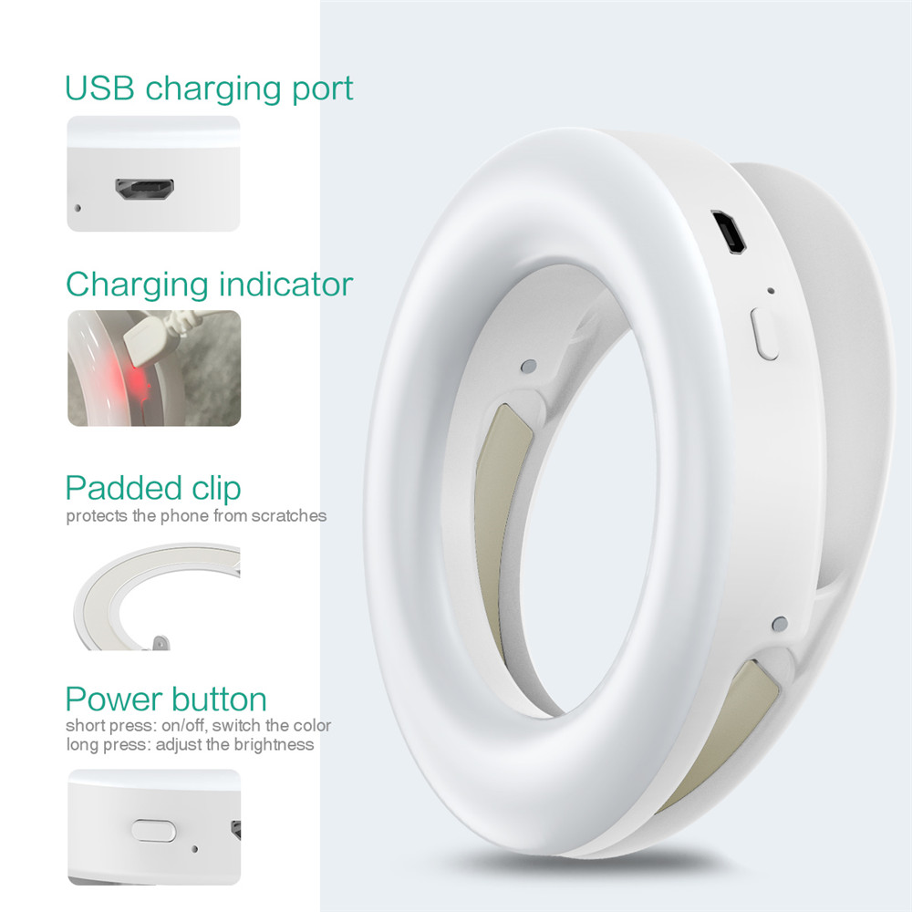 ORIA Clip-on LED Camera Light Other Smartphone Rechargeable Fill-Light Selfie Ring Light 3-Level Adjustable Brightness On-Camera Video Light for iPhone Samsung Tablets etc