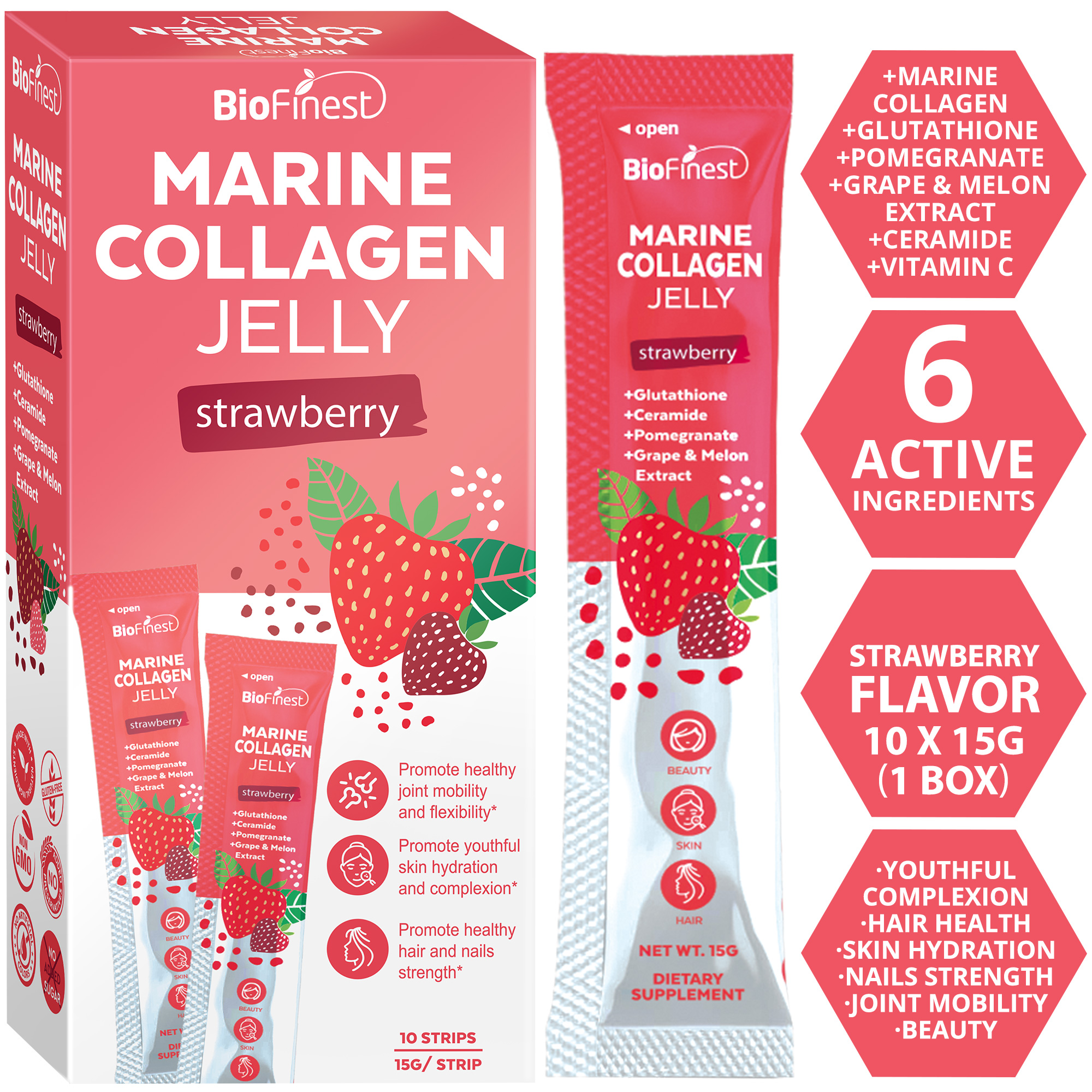 Biofinest Marine Collagen Jelly Supplement - Patented Grape Melon Extract  Glutathione Rice Germ Ceramide Pomegranate Vitamin C - Youthful Hair Nails  Skin Hydration Joint Mobility - High Strength Fast Absorption Men Women -