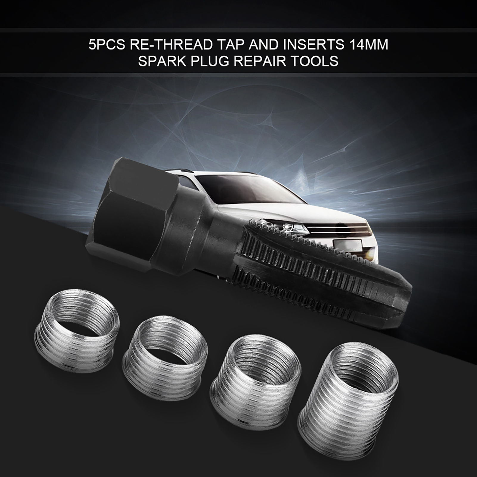 Spark Plug 5Pcs Carbon Steel Spark Plug Re-thread Tap Tools with Inserts for 14mm Sparking Plugs Repair