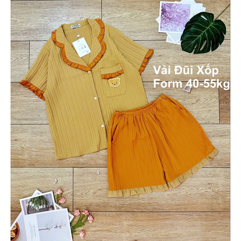 Bộ ngủ freesize 40-60kg, pijama đùi tay ngắn lụa xước, đồ bộ nữ đồ ngủ lụa mặc nhà thiết kế cute gấu dâu dễ thương