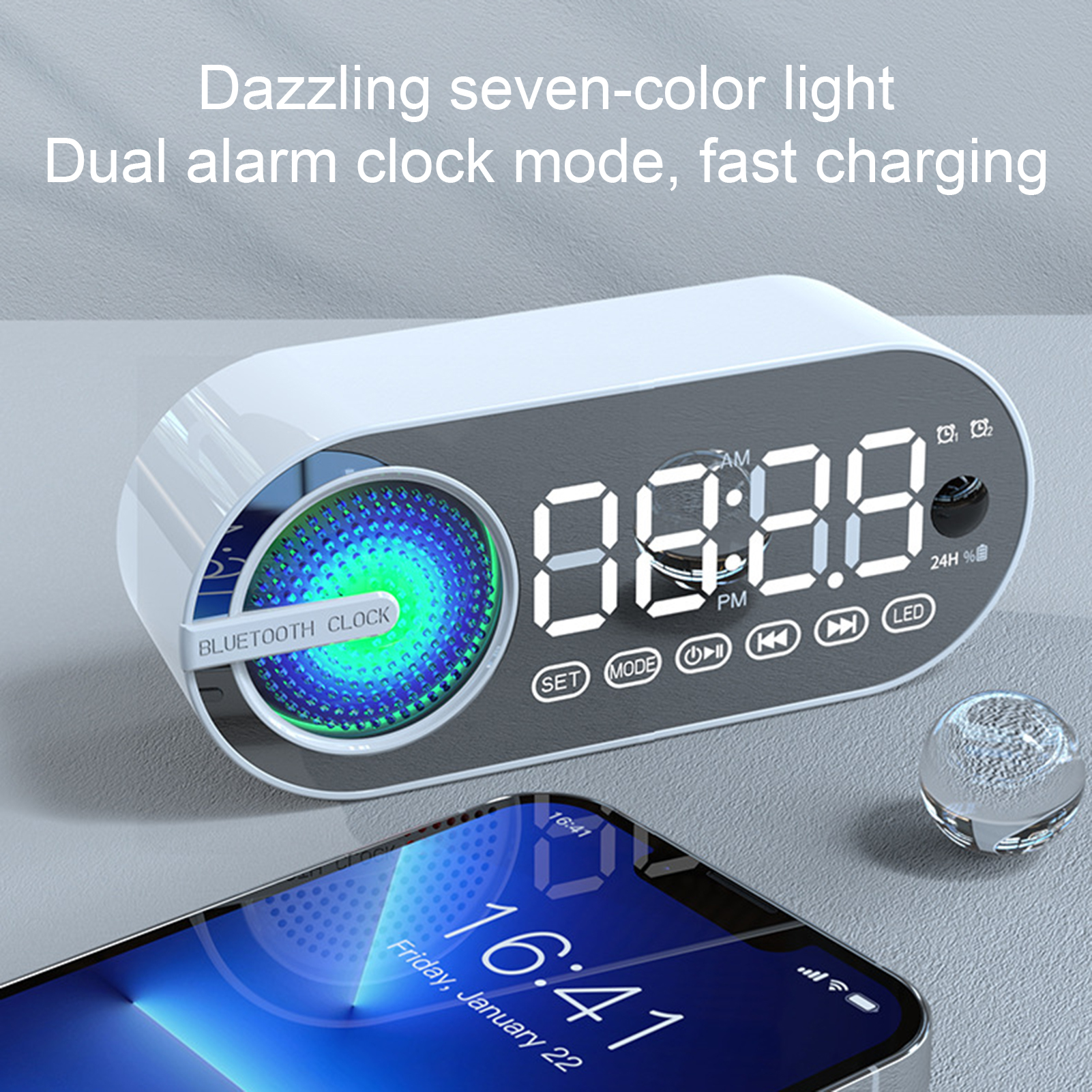 Wireless Speaker with Stereo Structure Speaker with Cool Colorful Lights Portable Wireless Speaker with Mirror Clock Immersive Sound Enhanced Bass Bluetooth 5.0 Speaker