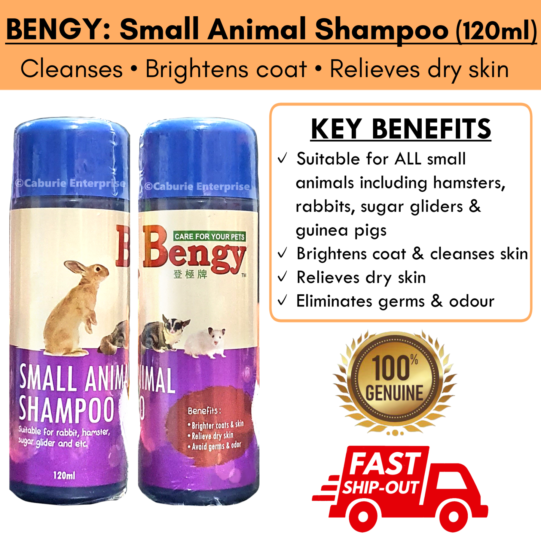 BENGY: Small Animal Shampoo (120ml) - Suitable for ALL small animals  including hamsters, rabbits, sugar gliders & guinea pigs. Cleanses &  brightens coat + skin. Relieves dry skin. Eliminates germs, bacteria &