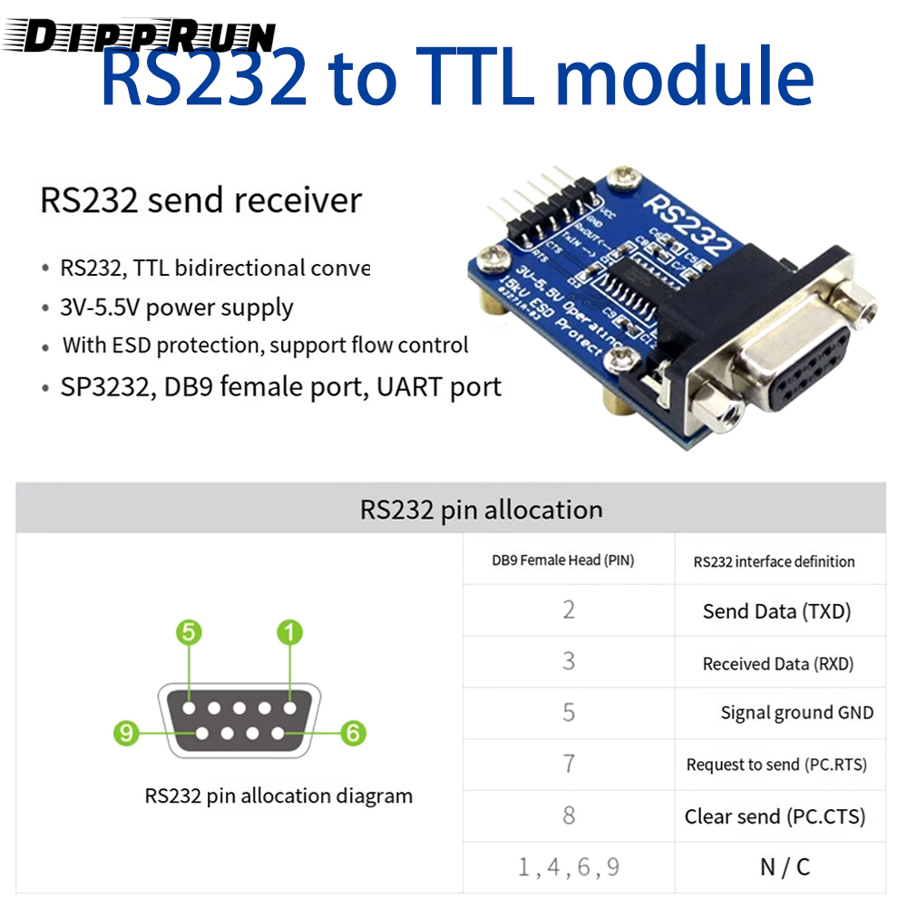 DIPPRUN TTL to RS232 Module TTL RS232 Male Female Mutual Conversion Module Serial Level Conversion to SP232 TTL Serial Port ESD Protect