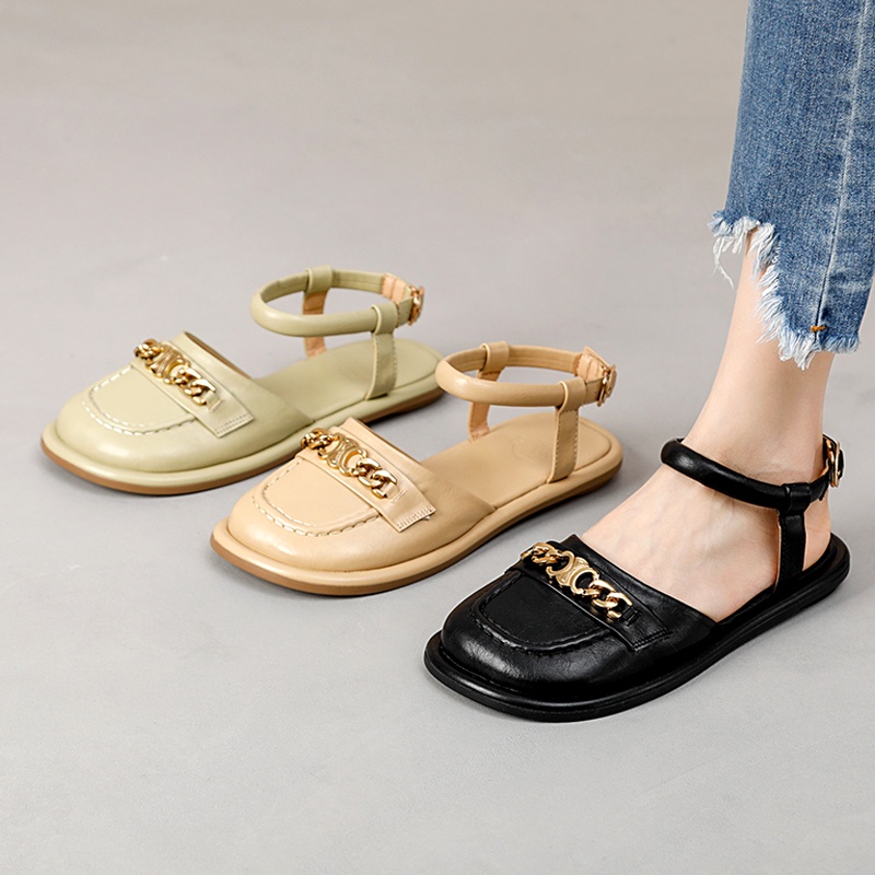 Xăng đan Da Thật 1.5cm Phối Nút Kim Loại Thời Trang Cho Nữ