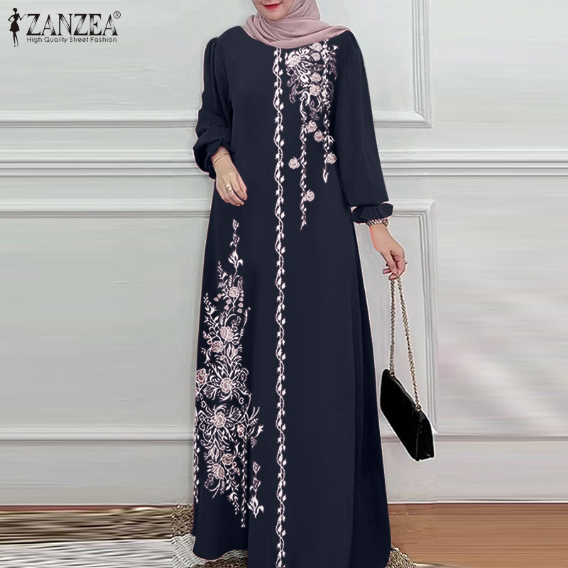Esolo ZANZEA Muslimah Women Muslim Fashion Casual O-Neck Lantern Sleeve Maxi  Dress Floral Print A-Line Dresses - Esolo - ThaiPick