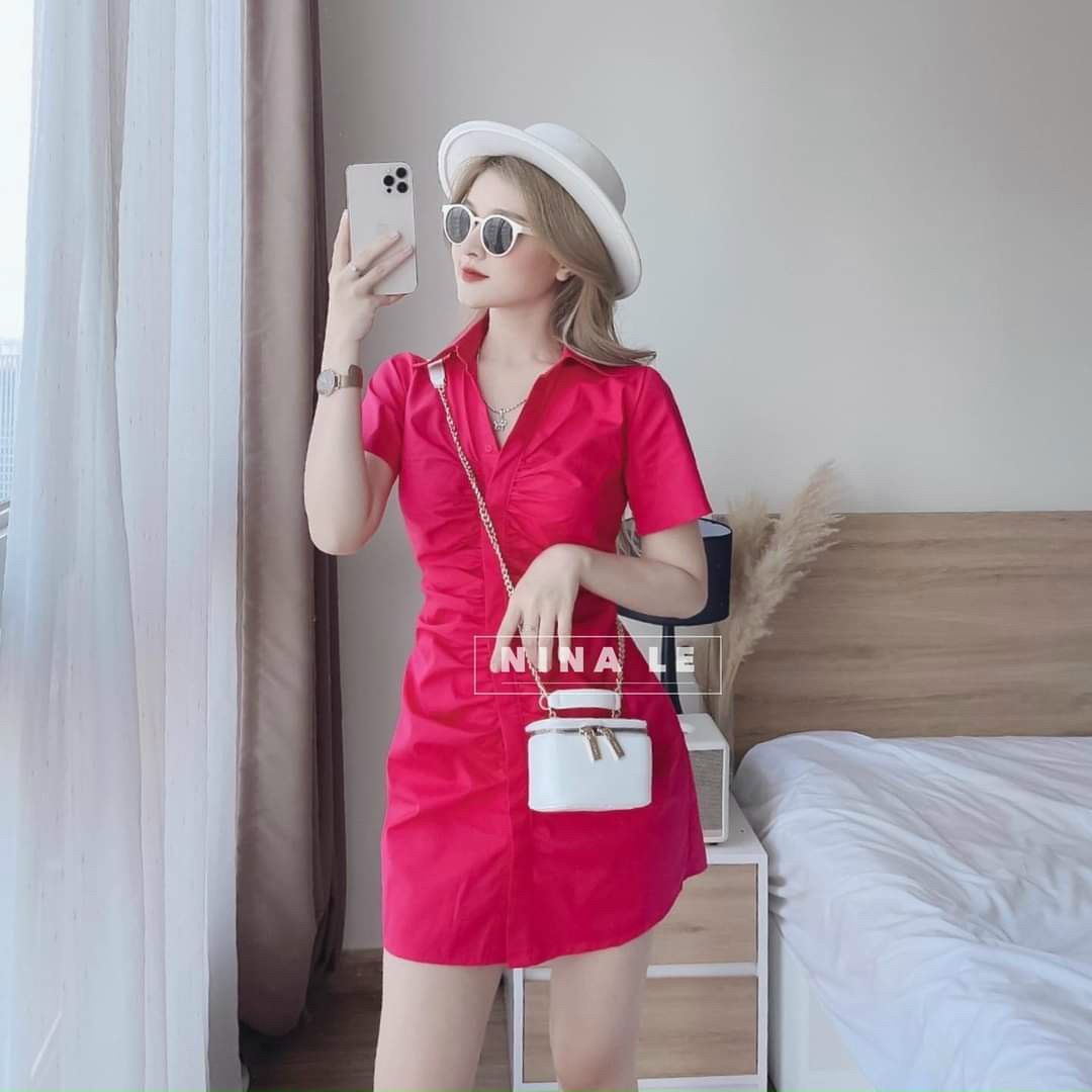 Đầm Body Cổ Sơ Mi Nút Dọc Nhún Xinh Xắn