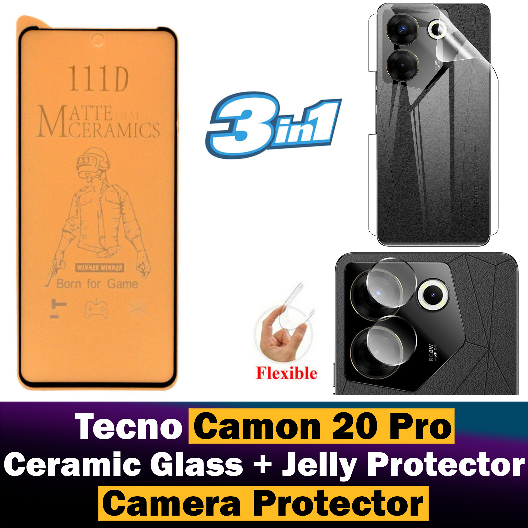 Tecno Camon 20 Pro Matte Glass Fiber Glass Protector + Back Protector Transparent Hydrogel Soft Film jell Protection + Back Rear Camera Protector 9H Gorilla Flexible Protection For Camon 20 Pro. 