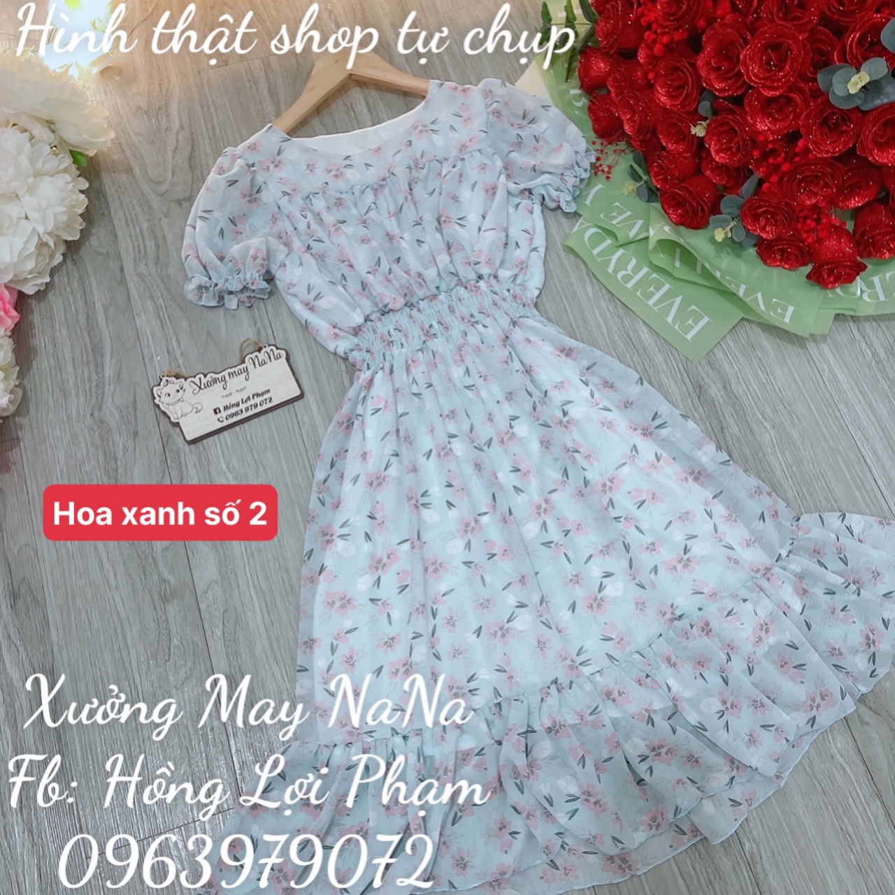Đầm hoa nhí tay phồng đuôi cá (hình thật+video)