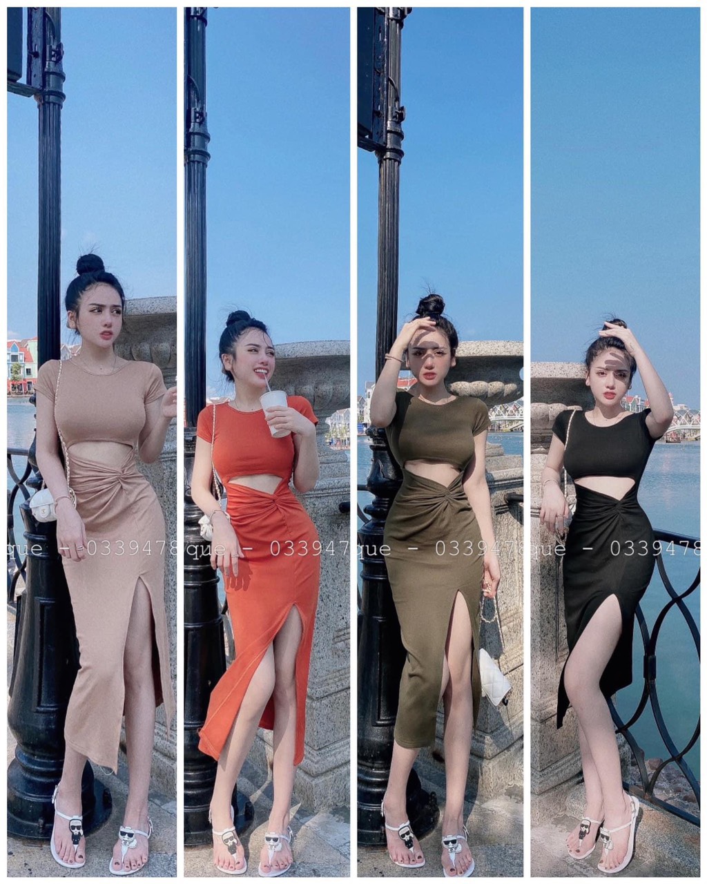 Đầm tay ngắn ôm body kiểu khoét nhúm eo xẻ tà cực xinh , chất thun gân mềm mịn