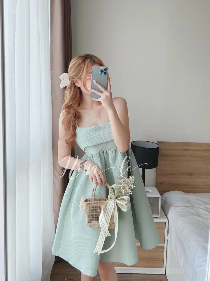Đầm xoè 2 dây - chất liệu xốp thái có mút - thiết kế cột nơ sau lưng cực xinh