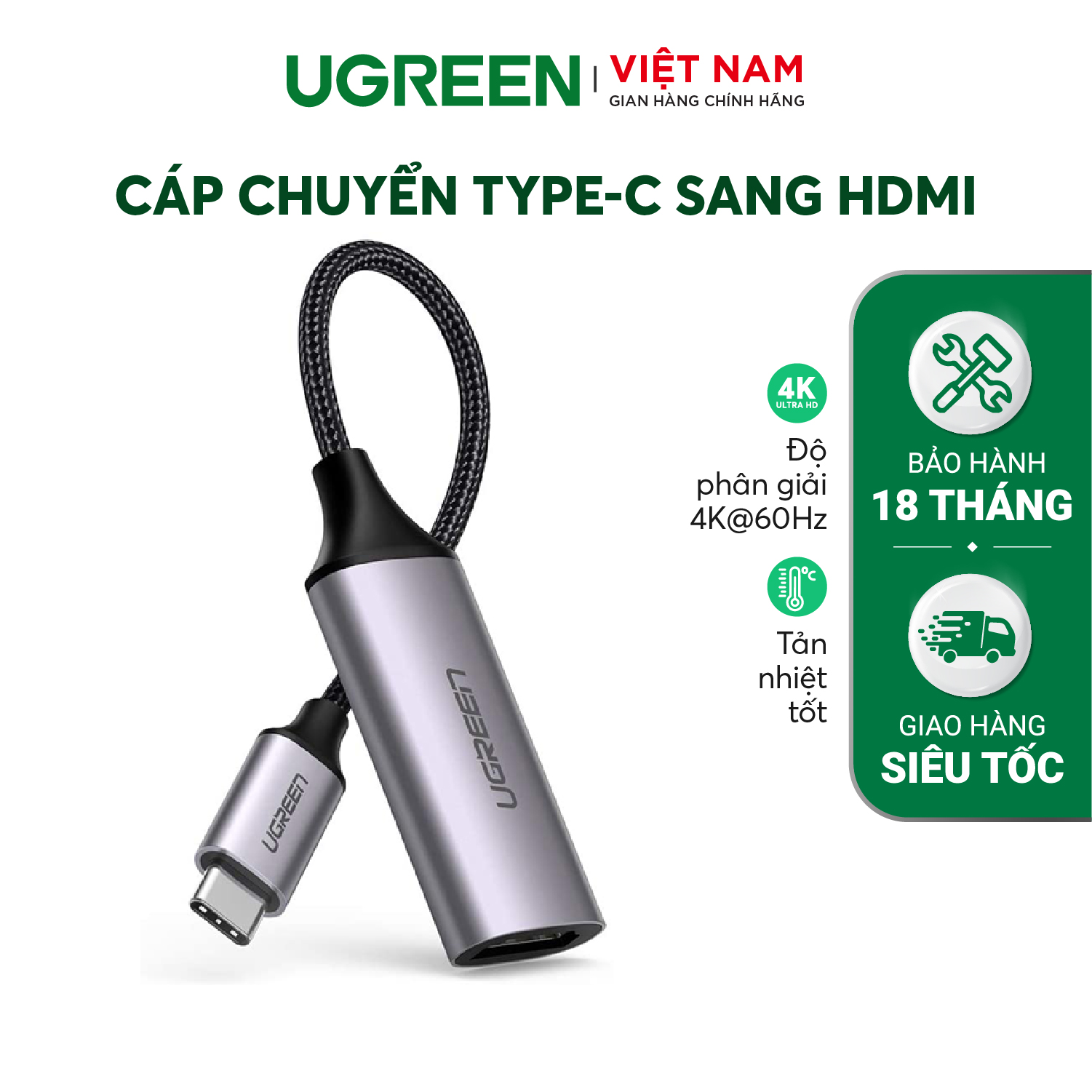 Cáp chuyển USB TYPE C sang HDMI UGREEN CM297 | Chuẩn HDMI 2.0 | Chipset VL100 và PS176 | Bảo hành 18 tháng 1 Đổi 1| 70444.